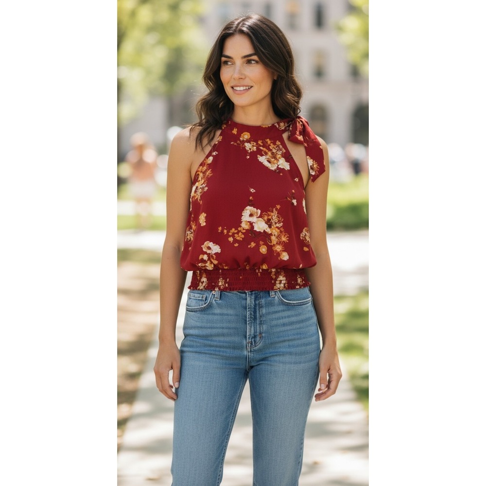 Xhilaration Burgundy Floral Halter Neck Blouse with Shoulder Tie and Smocked Hem